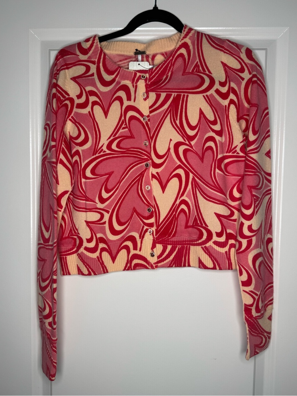NWT Free People Nocturnal Patterned Cashmere Cardi (Red Hearts Combo)